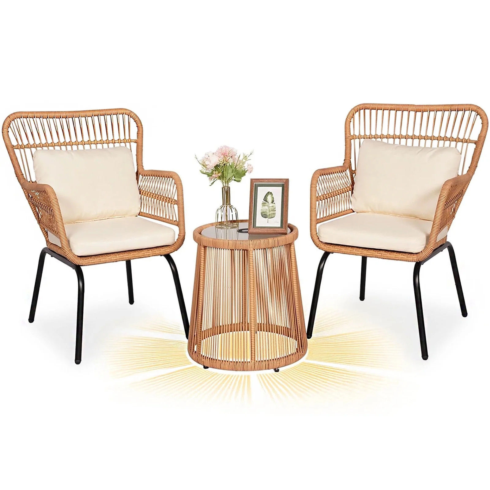 Tappio 3-Piece Patio Conversation Bistro Set Rattan Furniture, Outdoor Patio Set w/Solar Light Gl... | Walmart (US)