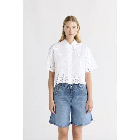 Free Assembly Women s and Women s Plus Cropped Cotton Eyelet Shirt Sizes XS-4X | Walmart (US)