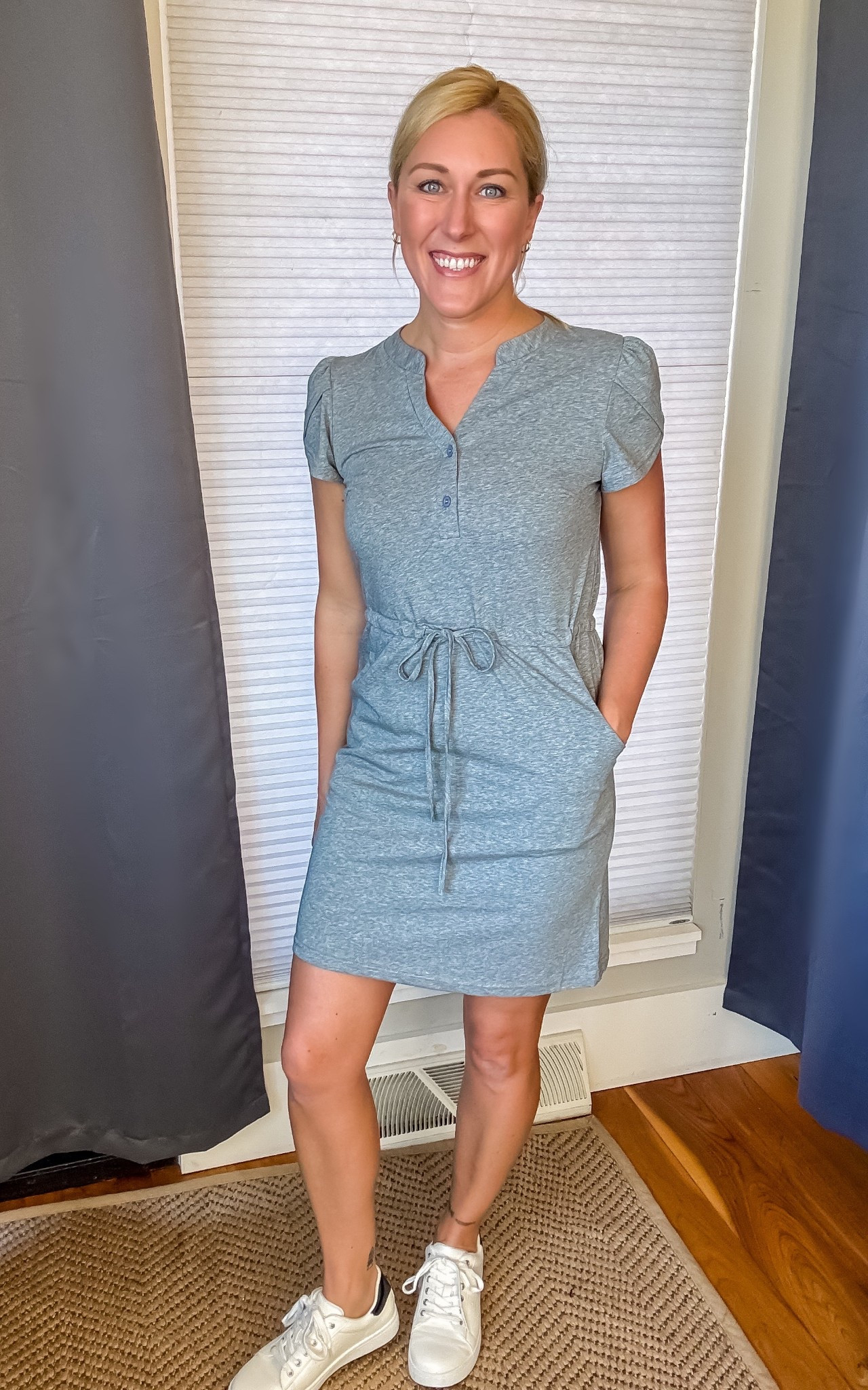 How fun is this dress?! The tulip sleeves, the tie waist, the soft fabric… all of my favorite things in one. Wear this casual with sneakers or dress it up with heels and some jewelry! 