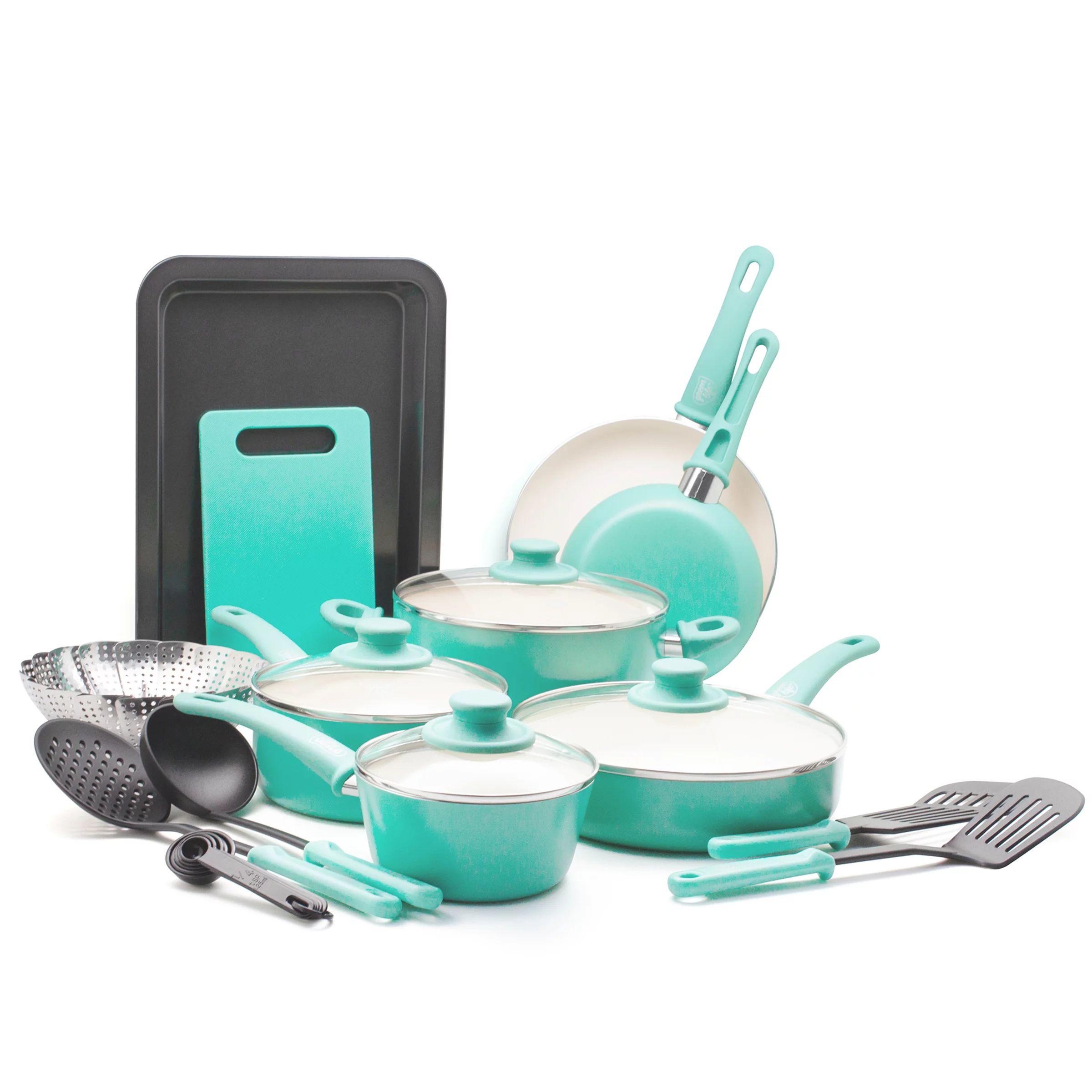 GreenLife Soft Grip Toxin-Free Healthy Ceramic Non-stick Cookware Set, 18 Piece, Turquoise | Walmart (US)