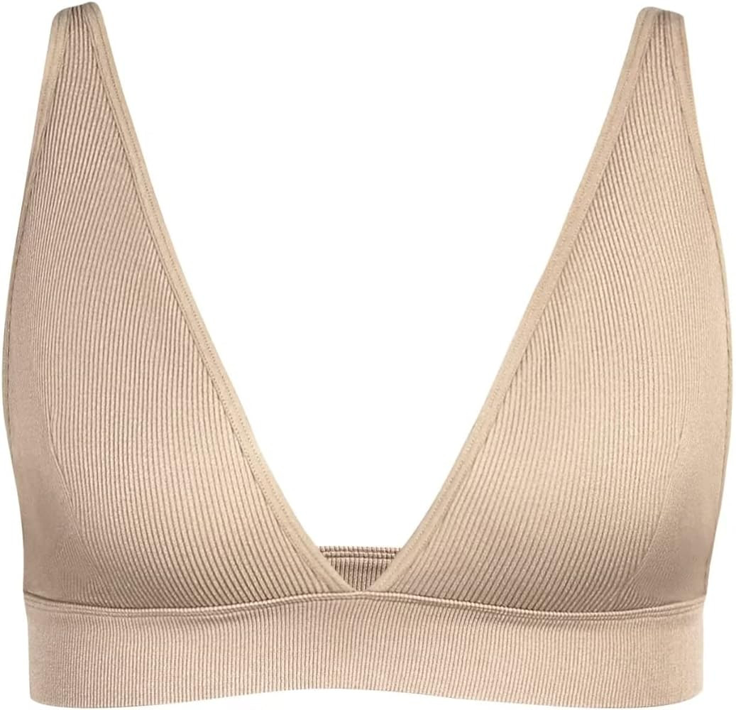 INIBUD Bralette for Women Summer Yoga Sports Ribbed Plunge Cami Bra Seamless V Neck Triangle Comf... | Amazon (US)