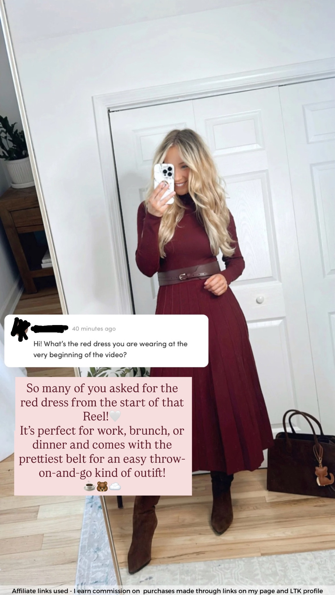 Burgundy sweater dress long belted 

Classy winter outfit
What to wear as a 40 year old 

#LTKOver40