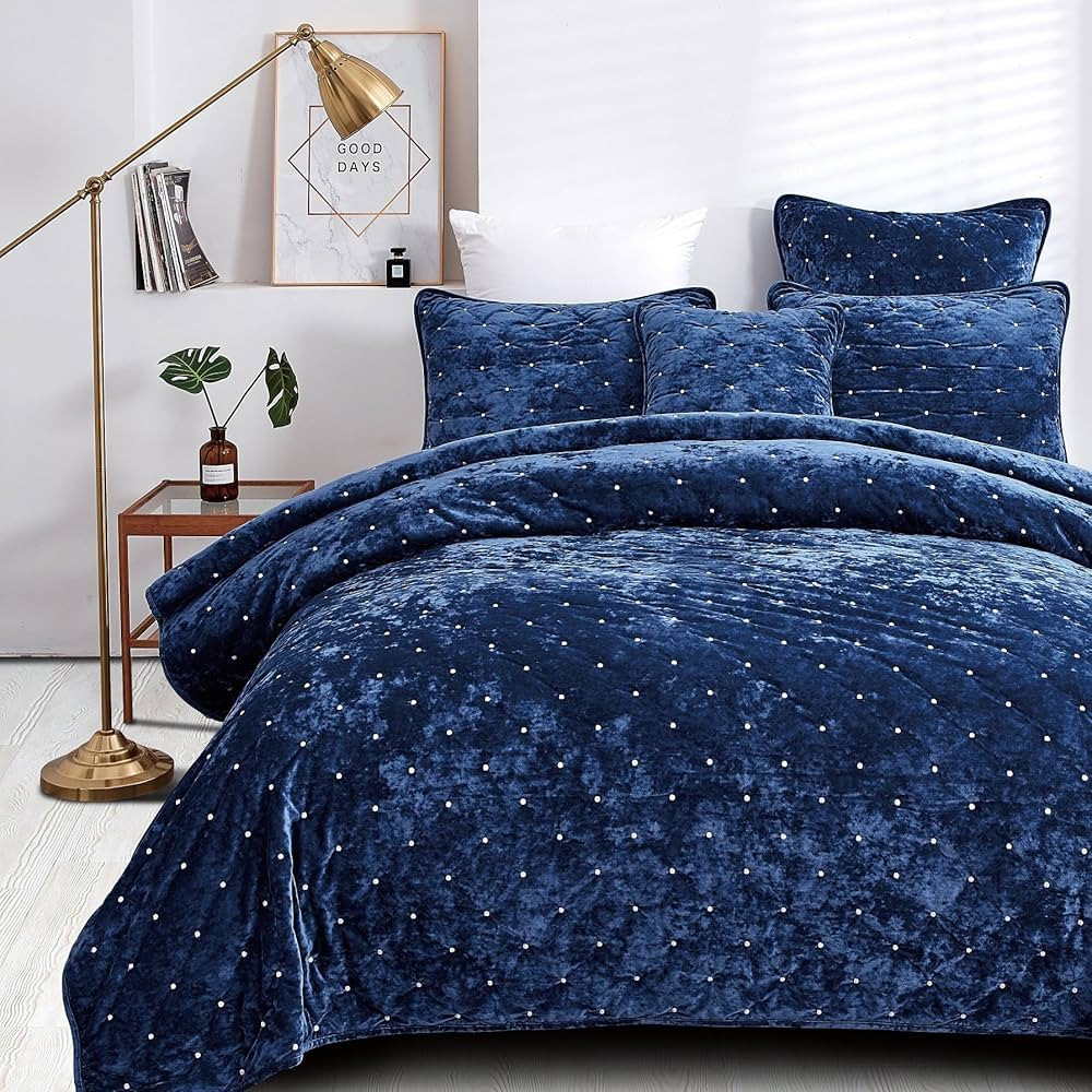 Tache Velvet Dreams Velveteen Velour Polka Dot Quilted Coverlet Royal Blue Bedspread Set King | Amazon (US)