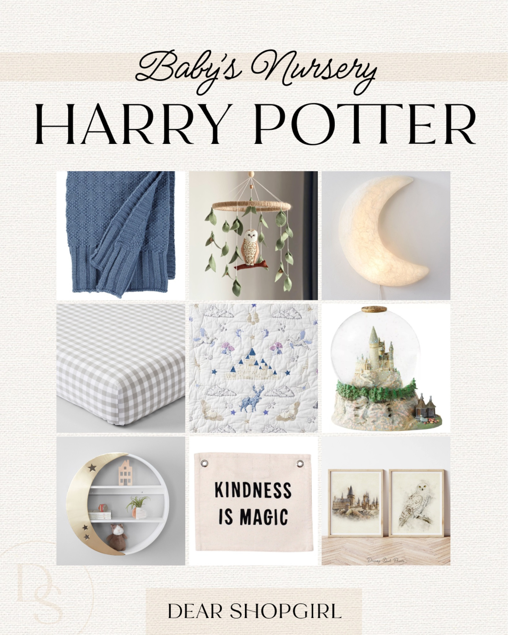 The most magical nursery ✨ this baby’s room is designed to be a subtle nod to the wizarding world, complete with Pottery Barn blanket and crib sheet, an owl mobile, moon nightlight, Hogwarts snow globe, starry night shelves, kindness canvas wall art and Harry Potter themed illustrations. 

#LTKhome #LTKbaby #LTKFind