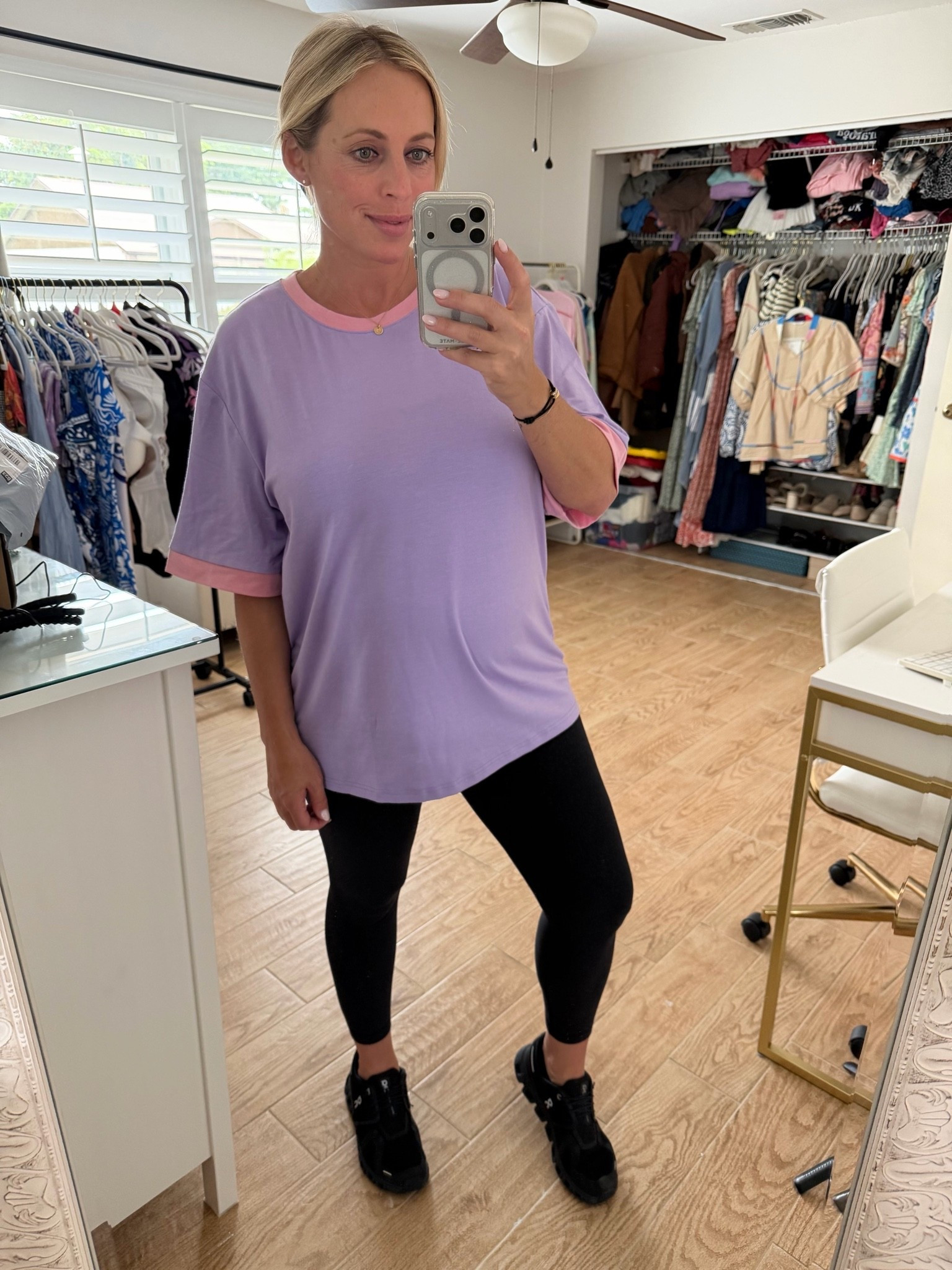 Casual outfit. Wearing XL in oversized tee, 10 in Lululemon leggings and 9 in on cloud sneakers. 26 weeks pregnant

#LTKootd #LTKMidsize #LTKBump
