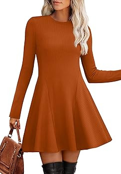 OFEEFAN Sweater Dress for Women Fall 2026 Long Sleeve Crew Neck Ribbed Knit Fit and Flare A-Line ... | Amazon (US)