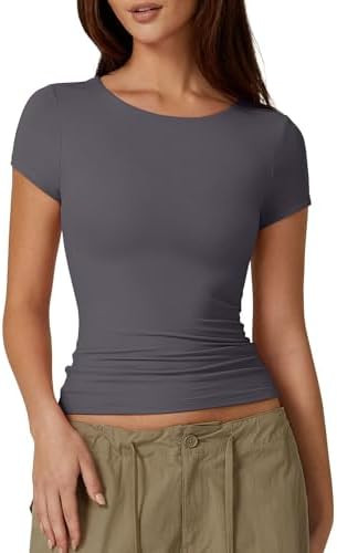 QINSEN Women's Crew Neck Short Sleeve Tees Double Lined Slim Fit T Shirt Basic Y2K Tops | Amazon (US)