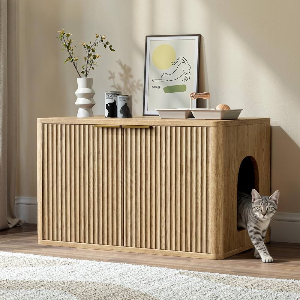 Evermagin 31.5" Oak Cat Litter Box Enclosure Furniture, Large Hidden Litter Box Cabinet, Entry Ca... | Amazon (US)