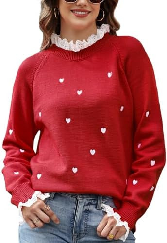 Heart Lace Sweater for Women Cute Fall Pullover Trendy Valentine Sweaters Long Sleeve Casual Knit... | Amazon (US)