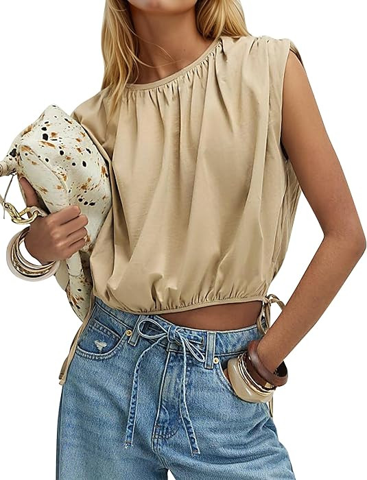 MISSACTIVER Women\u2019s Side Tie Bubble Hem Top Sleeveless Drawstring Ruched Babydoll Tank Tops ... | Amazon (US)