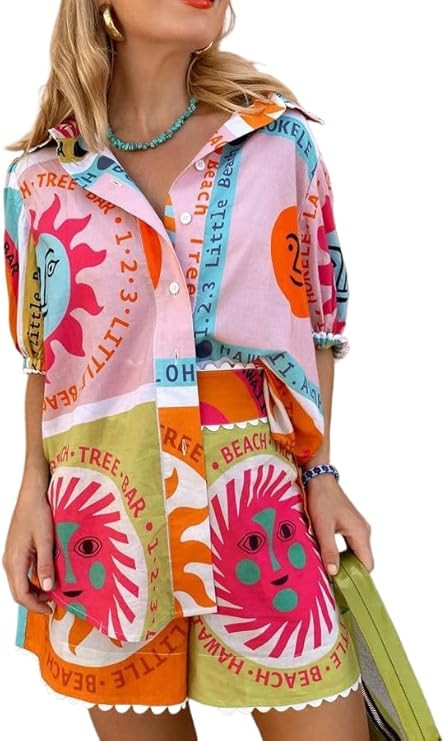 Kissonic Womens Summer Print 2 Piece Pajama Sets Boho Short Sleeve Button Down Shirt Wide Leg Pan... | Amazon (US)