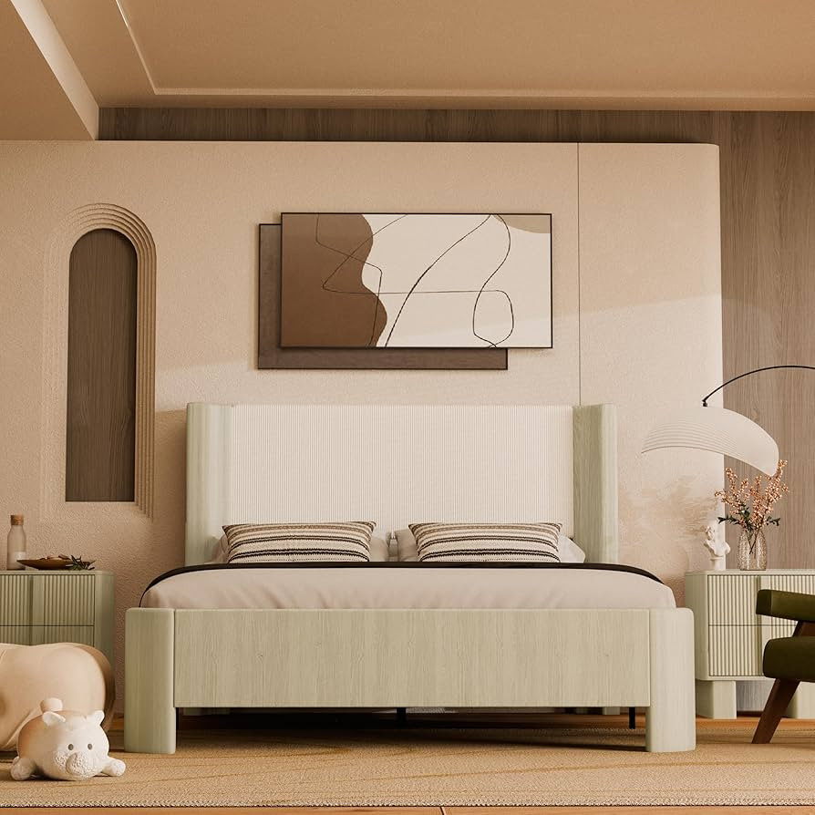 Upholstered Modern Bed Frame with LED Wingback Headboard, Realistic Wood Grain Fabric in Whitewas... | Amazon (US)