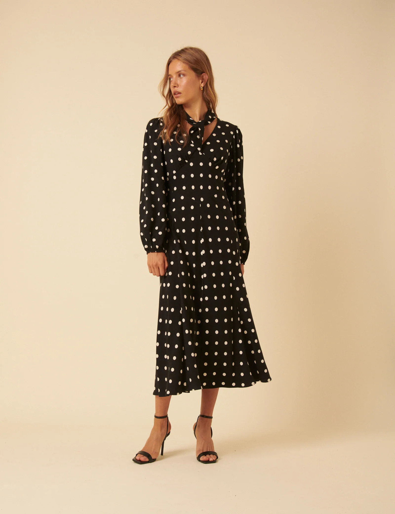 Black Polka Dot Neck Tie Sadie Midi Dress | Nobody's Child