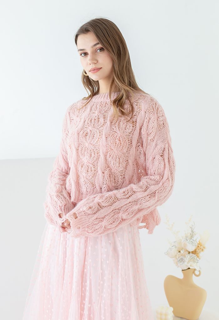 Ultra-Soft Hollow Out Cable Knit Sweater in Pink | Chicwish