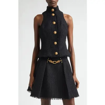 Balmain Button Front Fringe Tweed Top in 0Pa Black at Nordstrom, Size 34 | Nordstrom