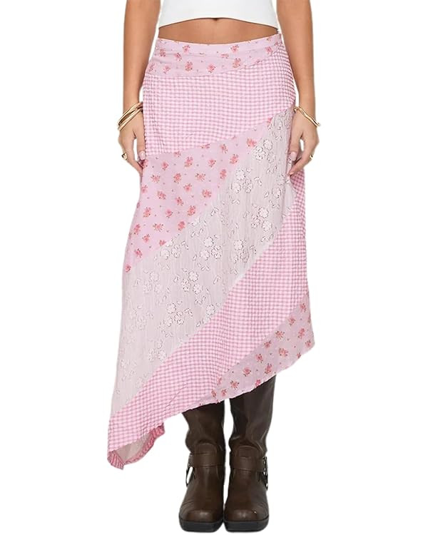 Women Lace Maxi Skirt Low Waist Asymmetrical Hem Patchwork Flowy Midi Skirt | Amazon (US)