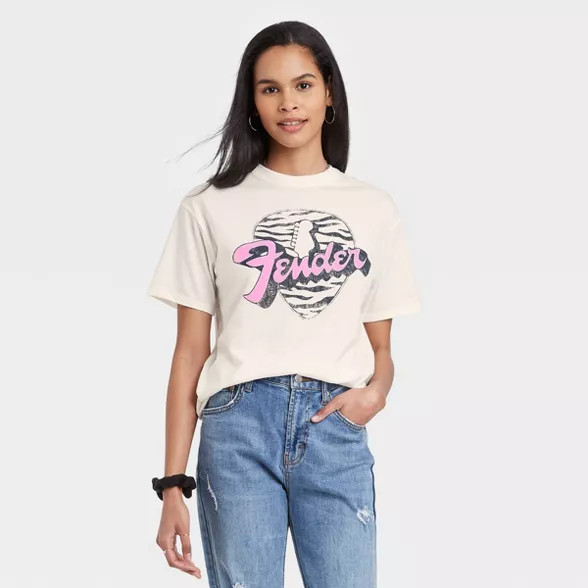 Women's Fender Zebra Pick Short Sleeve Graphic T-Shirt - Off-White | Target