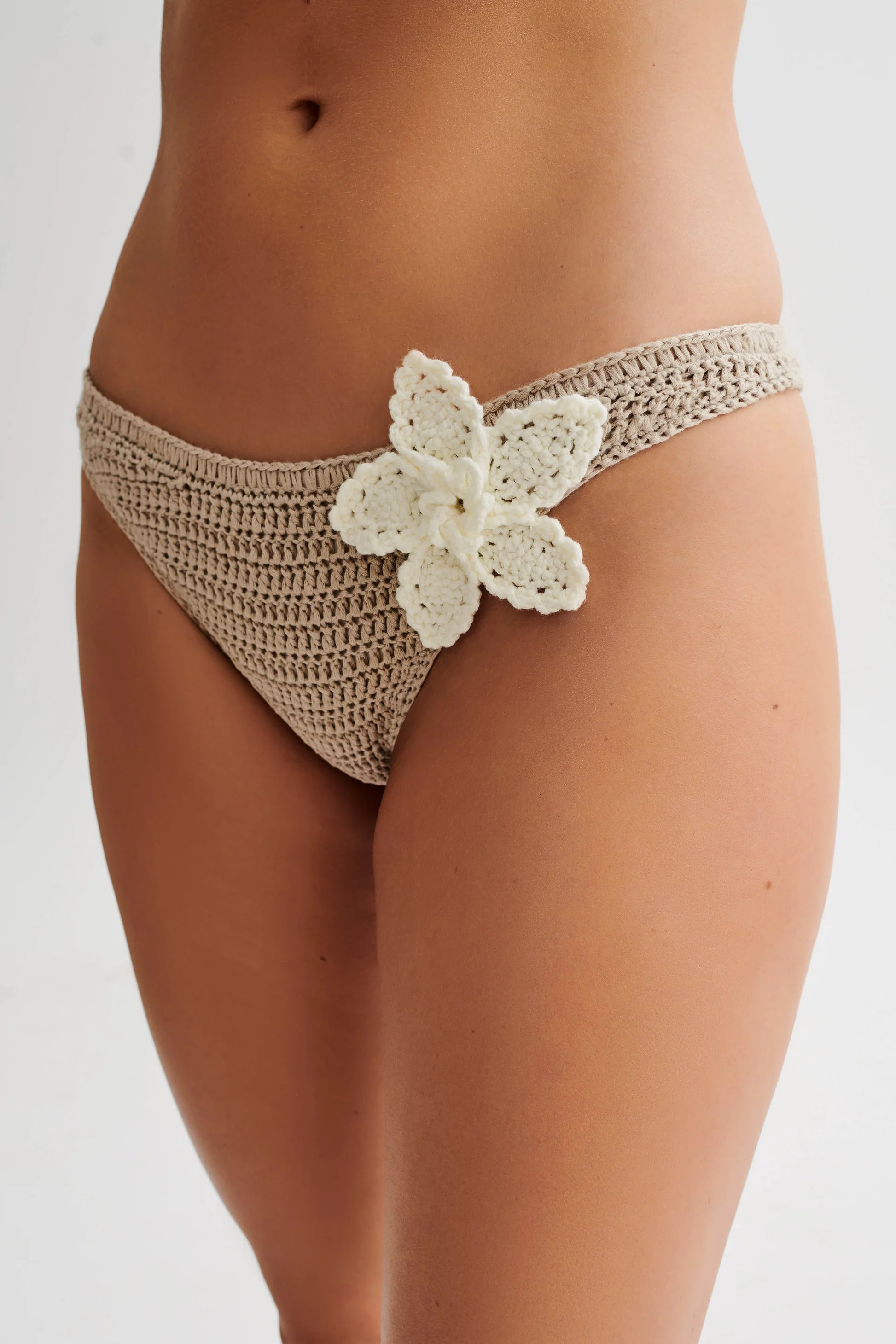 Skye Floral Crochet Tie Up Bikini Bottom - Taupe/White | MESHKI US