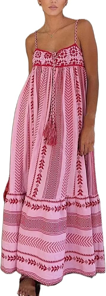 Women Smocked Maxi Long Dress Cute Print Sleeveless Spaghetti Strap Boho Flowy Dress Summer Beach... | Amazon (US)