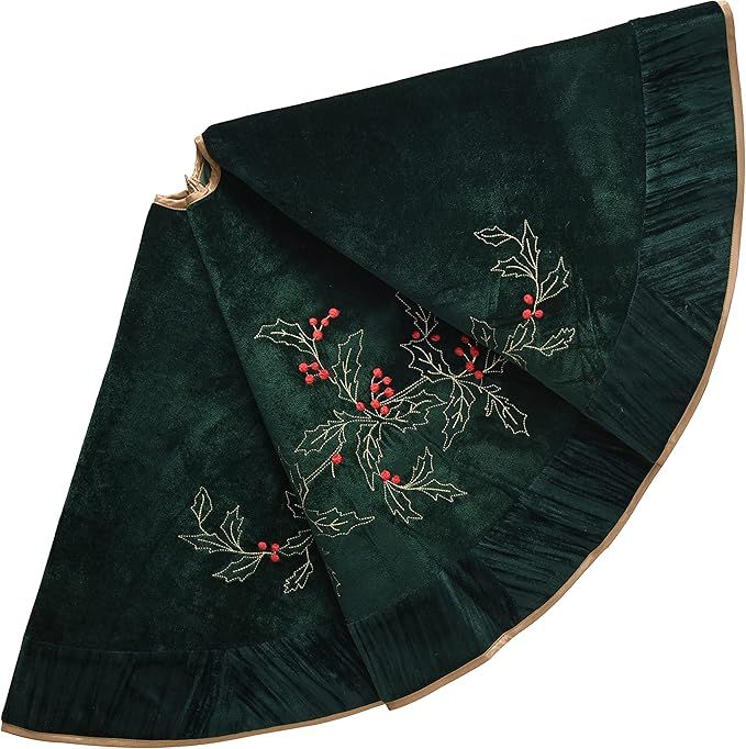 X.Sem Holly Leaf Embroidered Velvet Christmas Tree Skirt with Pleat Velvet Border 50'' Dark Green... | Amazon (US)
