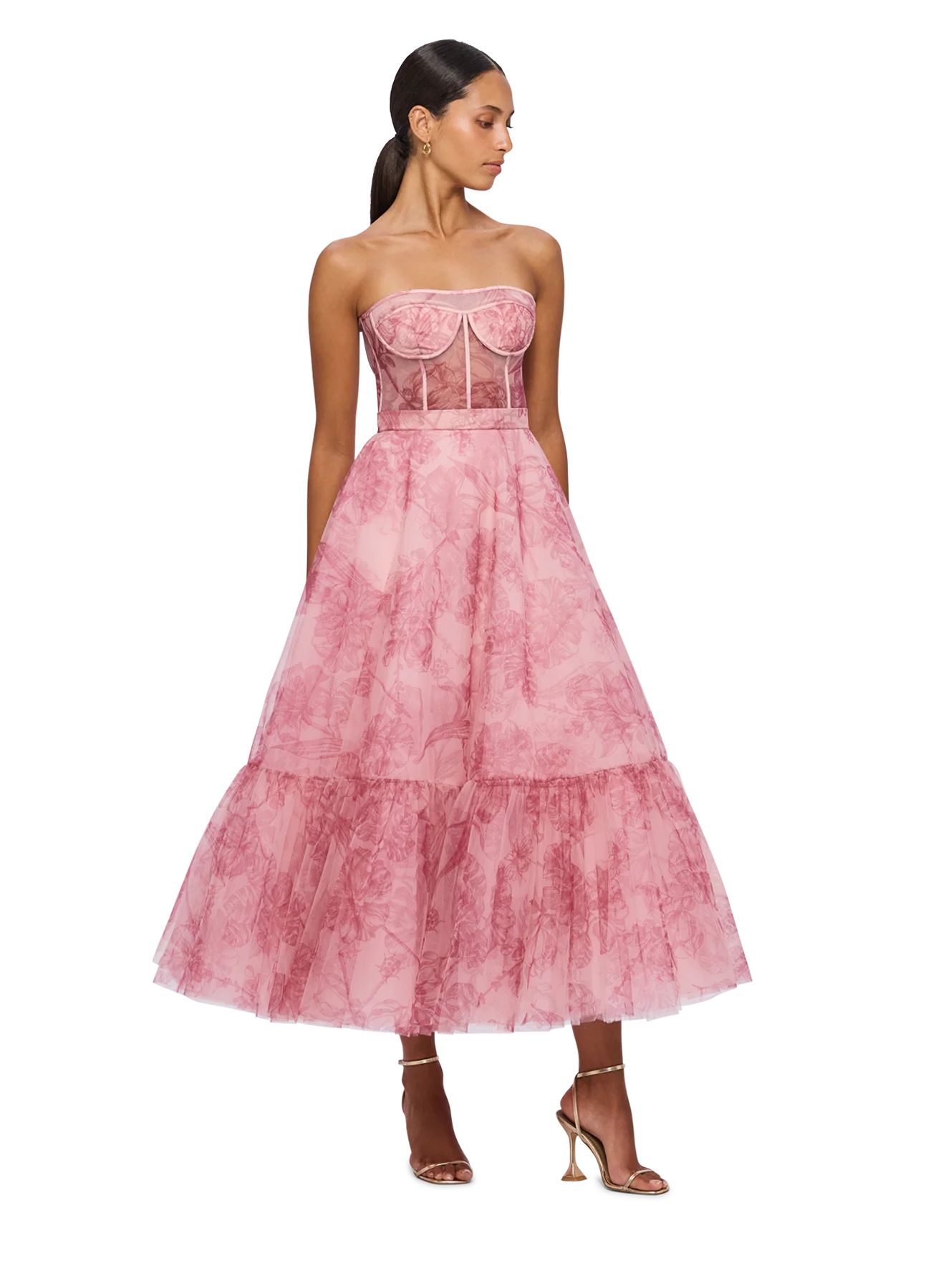 Rae Bustier Midi Dress - Harmony Print in Plum Blossom | LEO LIN