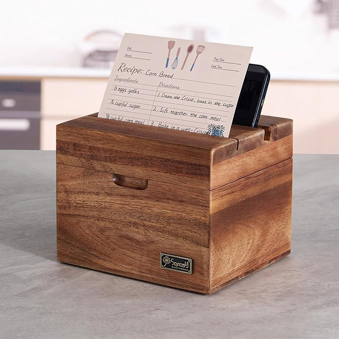 Acacia Wood Recipe Box with Phone Holder & Built-In Recipe Slot - Organizer Set with 100 4x6 Card... | Amazon (US)