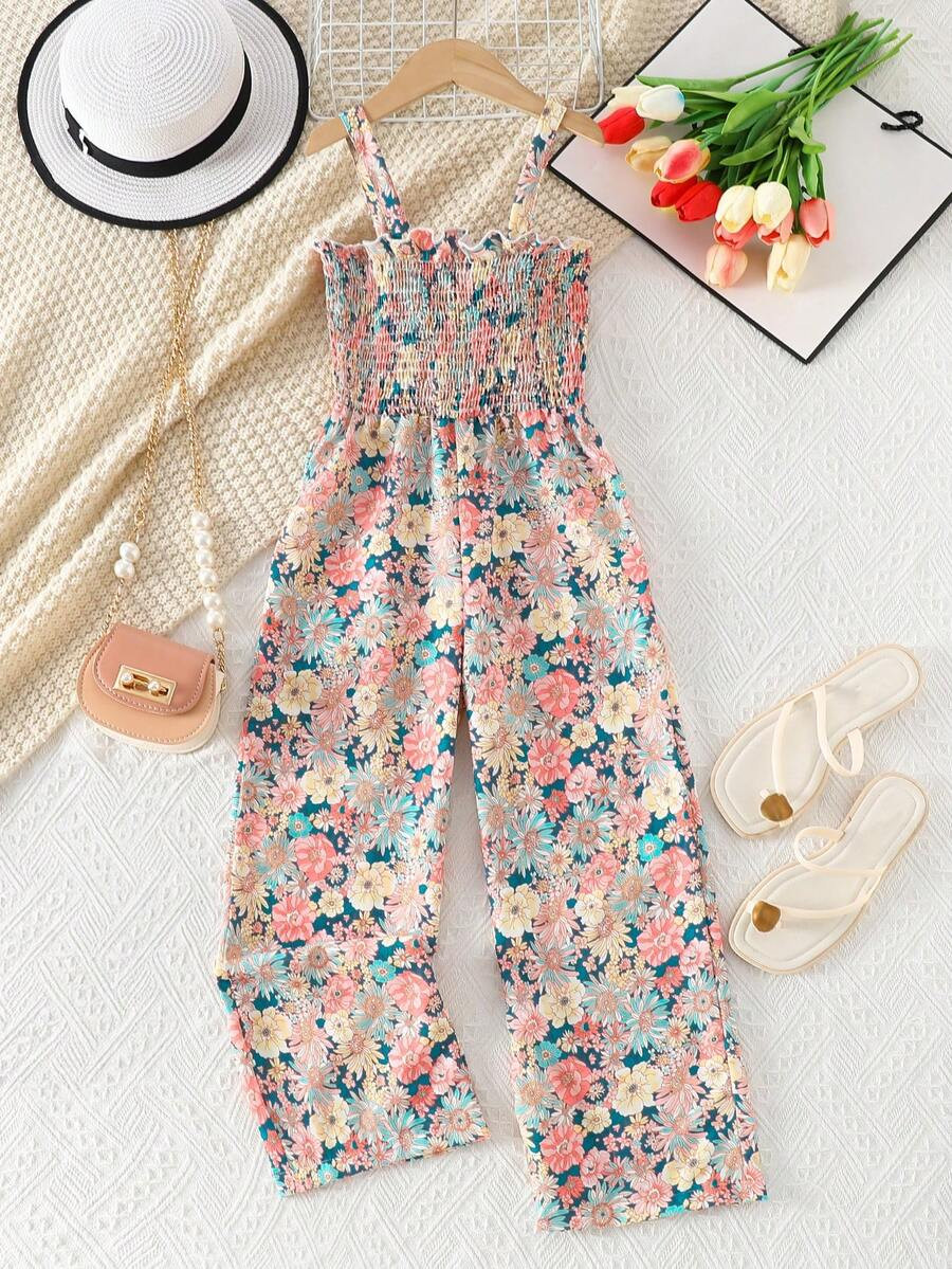 Girls' Floral Printed Ruffle Jumpsuit Romper, Bohemian Style Outfit For Outdoor, Party, Holiday, ... | SHEIN
