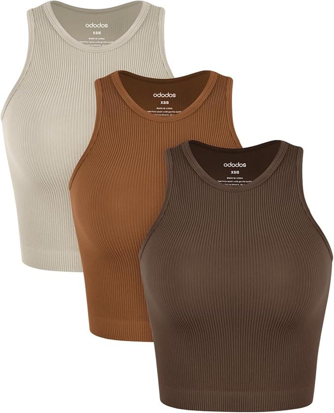 ODODOS 3-Pack Seamless Crop Tank for Women Ribbed Soft High Neck Cropped Tops | Amazon (US)