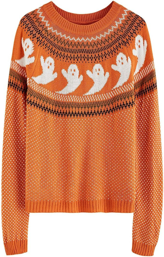 CHICWISH Women's Black/Army Green/Orange Cute Ghost Long Sleeves Halloween Knit Sweater Pullover | Amazon (US)