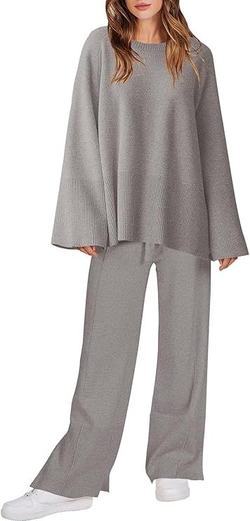 ANRABESS Womens 2 Piece Outfits Oversized Knit Sweater Set Wide Leg Pant Cozy Lounge Matching Paj... | Amazon (US)