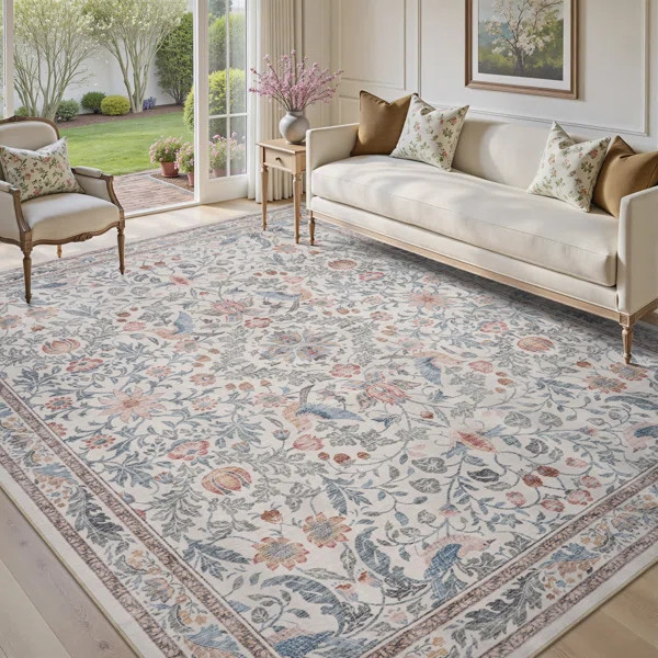 Soft Beige Vintage Floral Washable Non-Slip Area Rug For Living Room, Bedroom | Wayfair North America