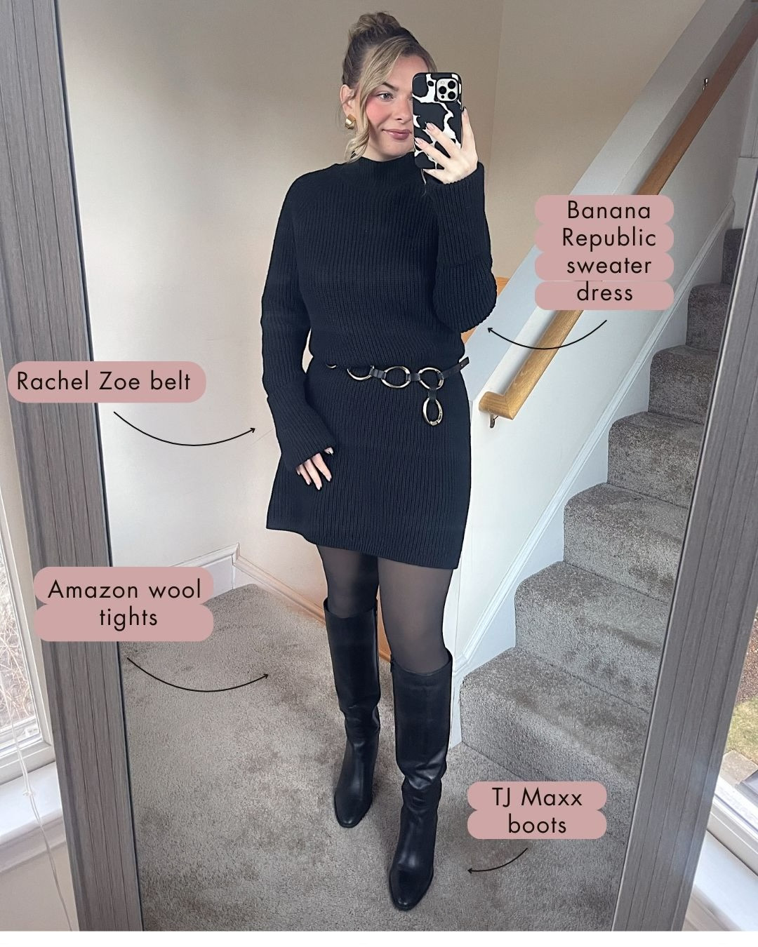 Black sweater dress, fleece tights and black leather boots 

#LTKdayinmylife #LTKgrwm #LTKWorkwear