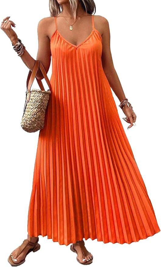 Women's Summer Casual V Neck Sleeveless Strappy Pleated Flowy Loose Maxi Long Beach Dress | Amazon (US)