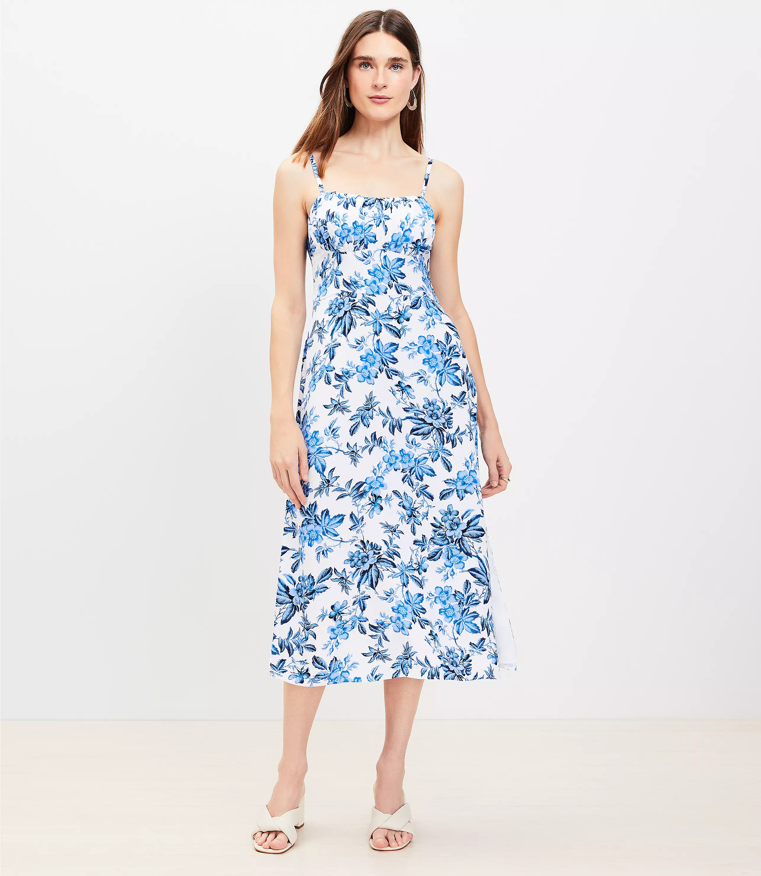 Vine Shirred Sweetheart Neck Midi Dress | LOFT