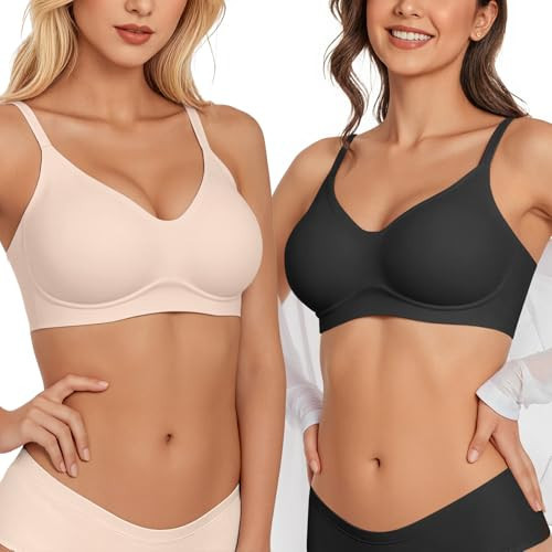 Vertvie Wireless Bras for Women Full Coverage Supportive Seamless Bralettes No Underwire Push Up Comfort Soft T-Shirt Bra(2 Pack: Black+Nude,Small) | Amazon (US)