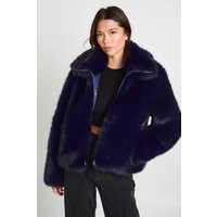 boohoo Women's Vintage Look Funnel Neck Faux Fur Jacket in Navy | Size: 10 | Denim | boohoo (US & Canada)