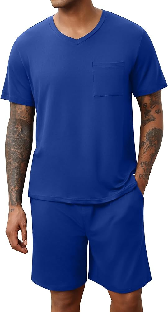 Ekouaer Mens Pajamas Set Soft Lounge Set V Neck Sleep Nightwear Short Sleeve Pjs with Pocket S-XX... | Amazon (US)