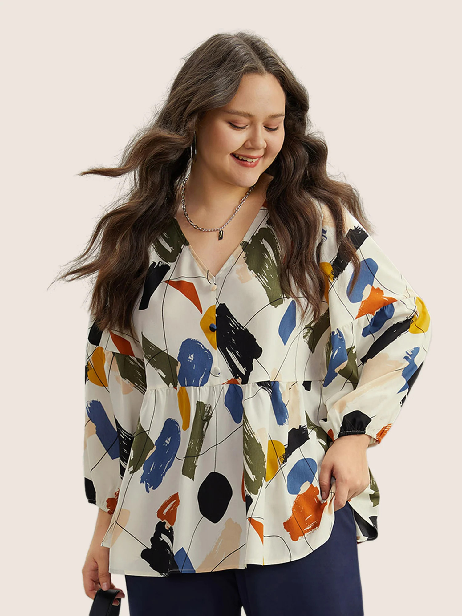 Brush Print Button Detail Elastic Cuffs Blouse | Bloomchic
