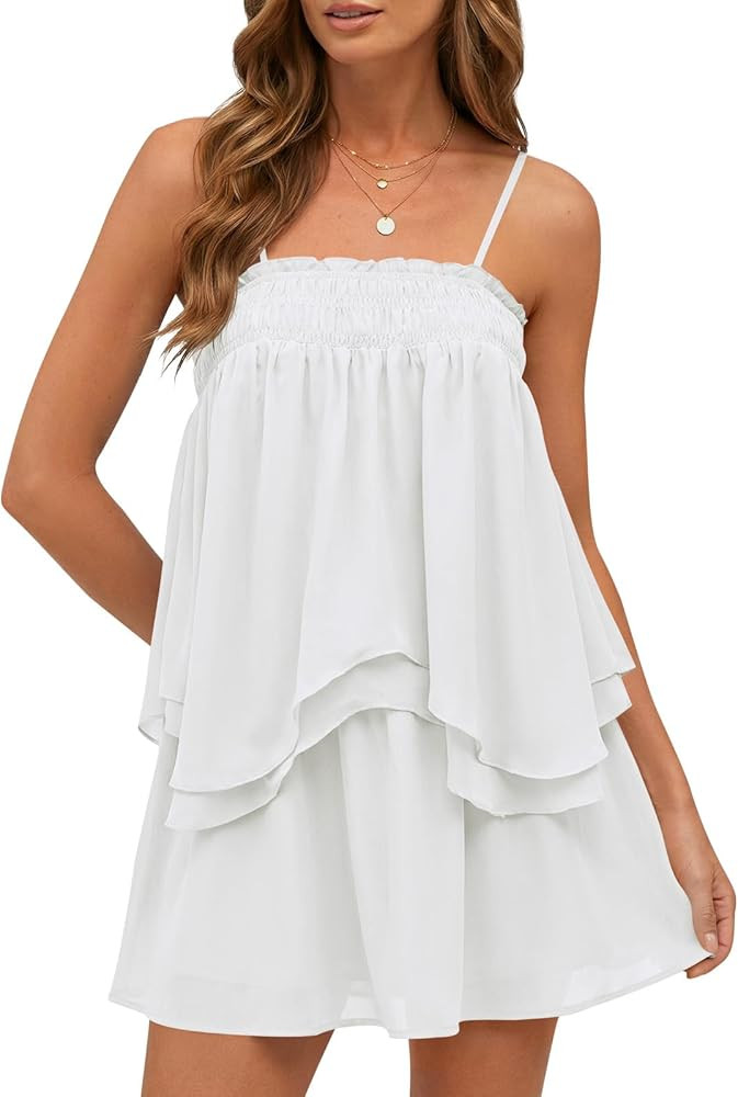 Wenrine Womens Summer Two Piece Skirt Sets Casual Smocked Cami Tops Mini Skirts Ruffle Tiered Flowy Vacation Set | Amazon (US)