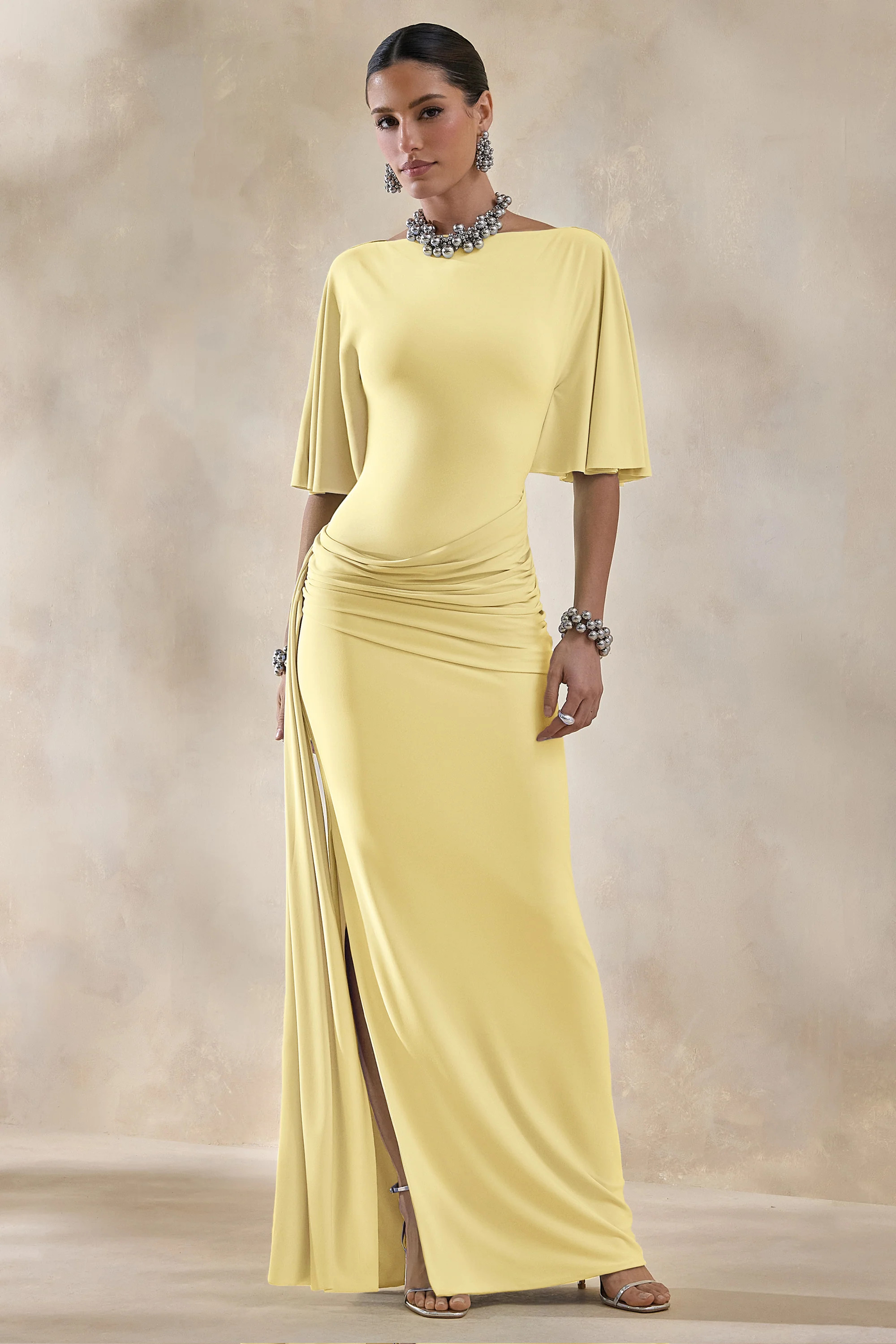 Emerelle | Lemon Wide-Neck Maxi Dress With Sash And Draped-Detailing | Club L London