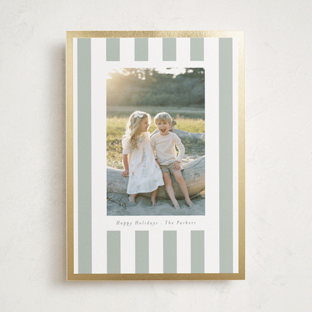 "Linen Stripes" - Customizable Foil-pressed Holiday Cards in Green by Angela Thompson. | Minted
