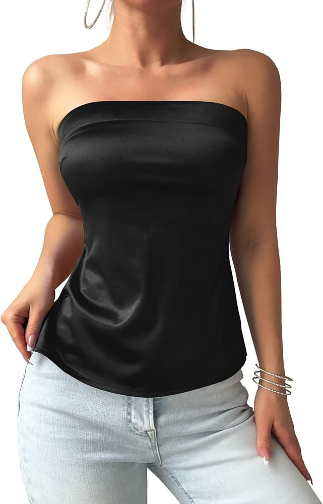 ZAFUL Women Satin Strapless Tube Tops Side Split Sleeveless Backless Bandeau Top Going Out Bustie... | Amazon (US)