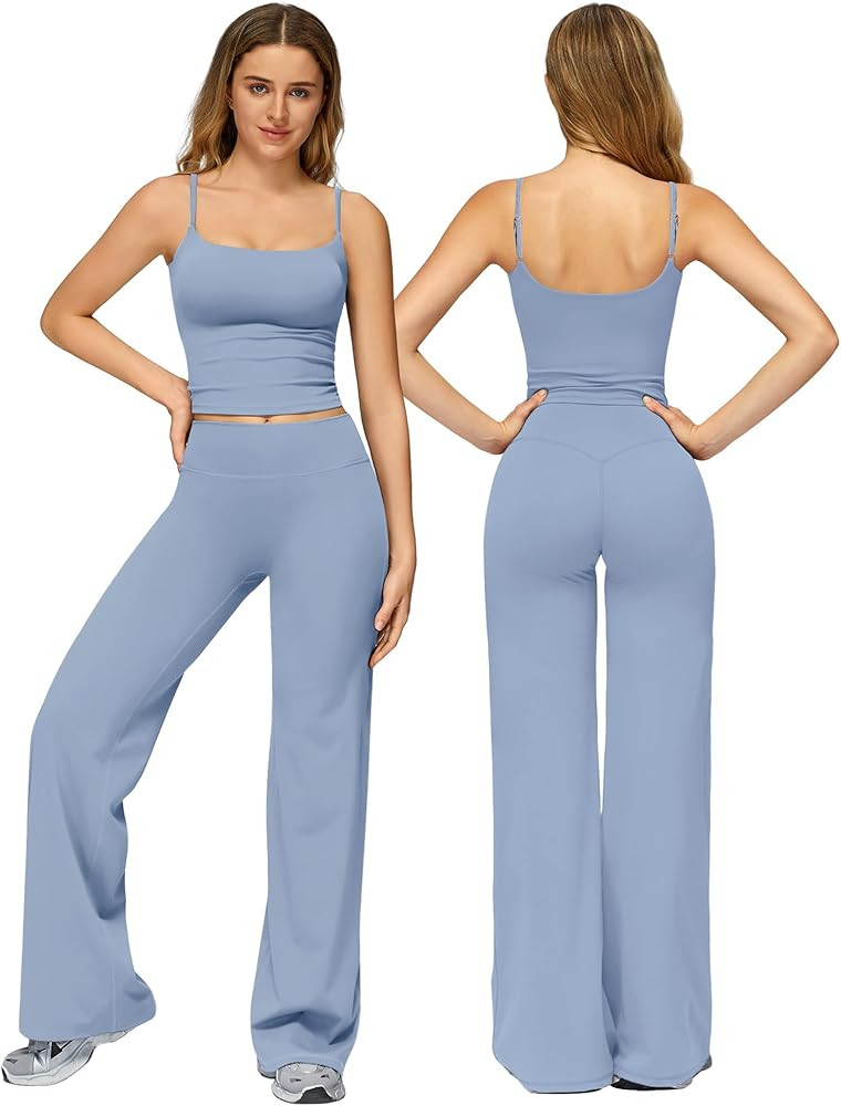 ABOCIW Womens Workout Sets 2 Piece Spaghetti Straps Crop Top Straight Leg Yoga Pants Yoga Pilates... | Amazon (US)