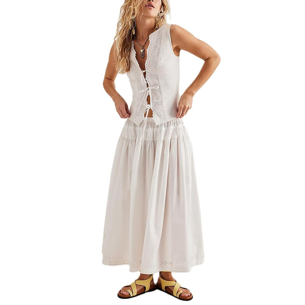 HOXIJIA Women Long Skirt 2 Pieces Set Hollow Out Eyelet Lace Tie Front Vest and Skirt 2PCS Outfit... | Amazon (US)