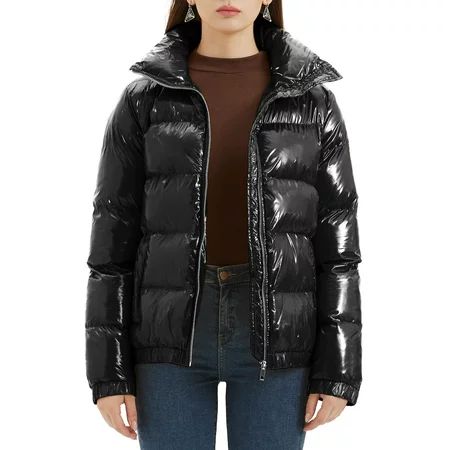CRISSREXO Women s Metallic Shiny Puffer Jacket Quilted Winter Warm Zip Stand Collar Casual Padded Sh | Walmart (US)