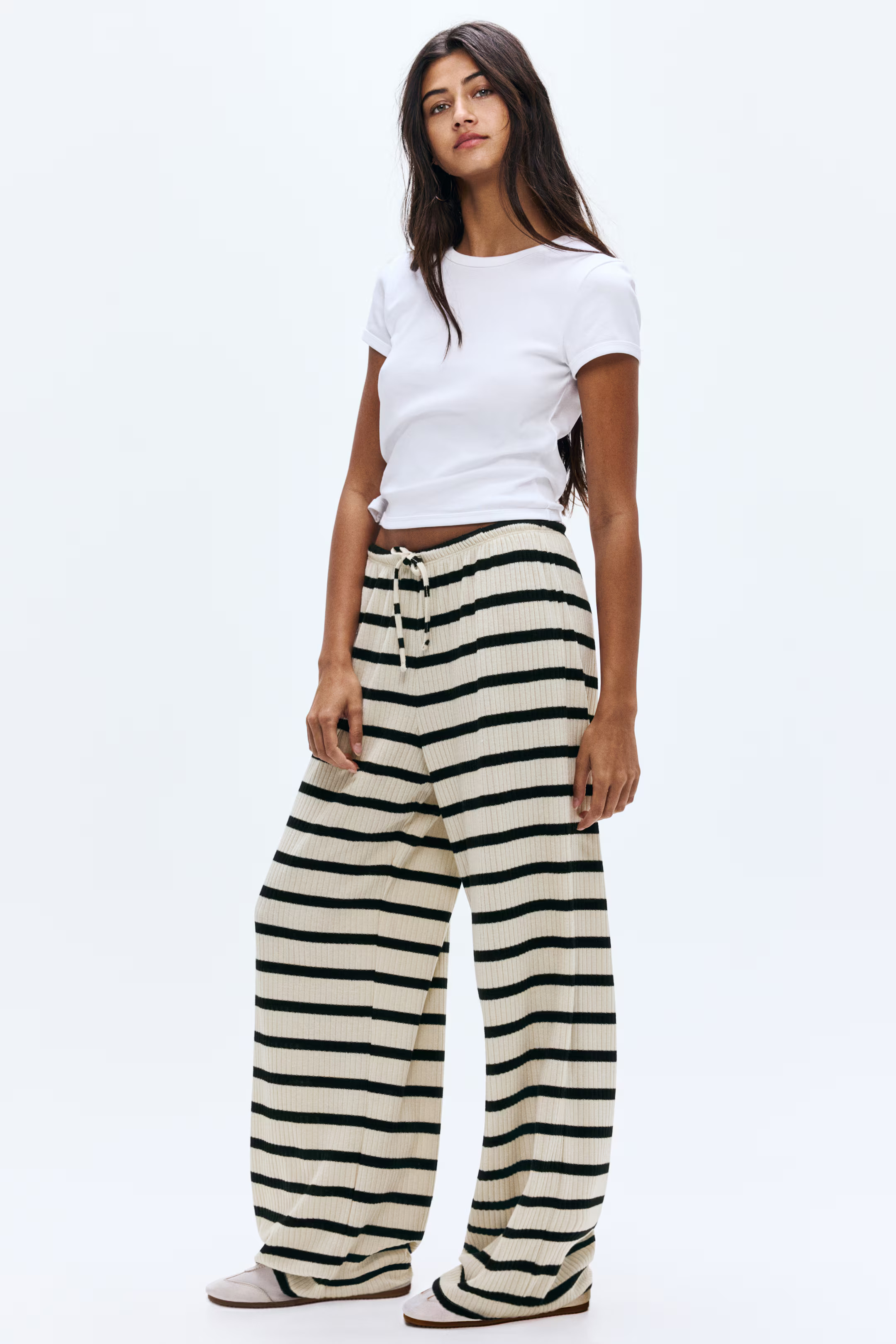 Wide-Leg Rib-Knit Pants - Light beige/striped - Ladies | H&M US | H&M (US + CA)