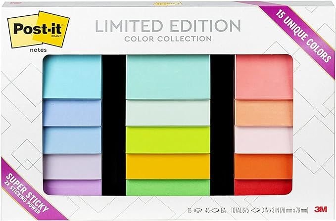Post-it Notes Limited Edition Super Sticky Color Collection, 3x3 in, 15 Pads/Pack, 45 Sheets/Pad ... | Amazon (US)