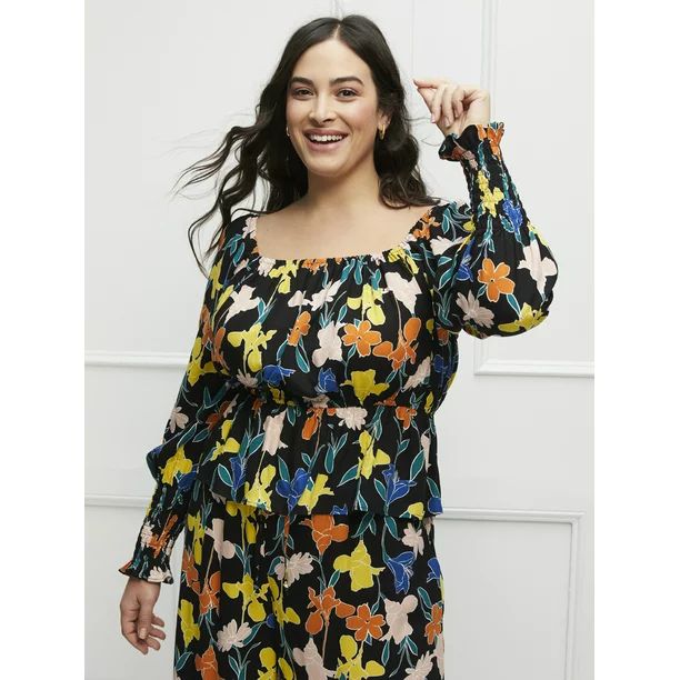 ELOQUII Elements Women's Plus Size Peplum Hem Floral Print Top with Puff Sleeves | Walmart (US)