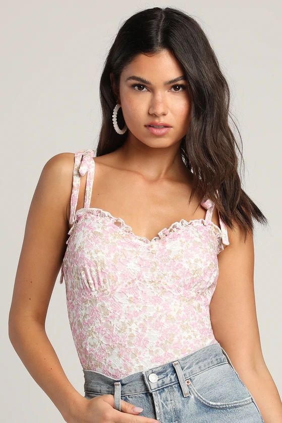 Blossom Babe Ivory Floral Print Lace Tie-Strap Ruffled Bodysuit | Lulus (US)
