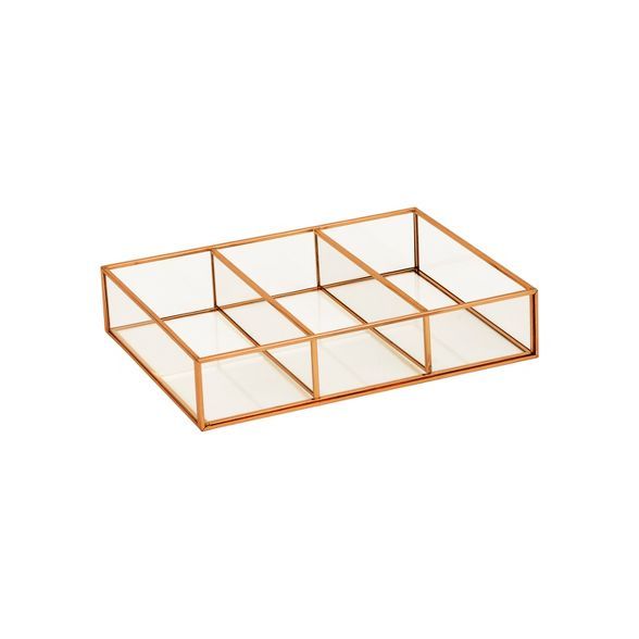 10"X7.5"X2" 3 Compartment Horizontal Glass & Metal Vanity Organizer Copper Finish - Threshold™ | Target